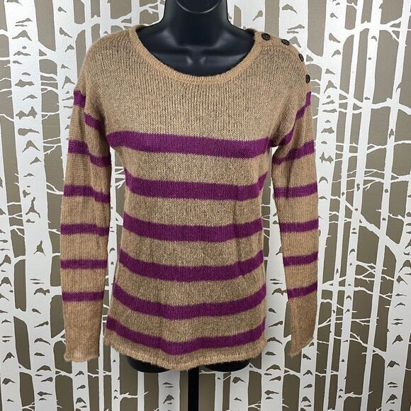 Ann Taylor LOFT Camel Tan & Purple Striped Loose Knit Mohair Blend Sweater sz XS - Picture 1 of 7